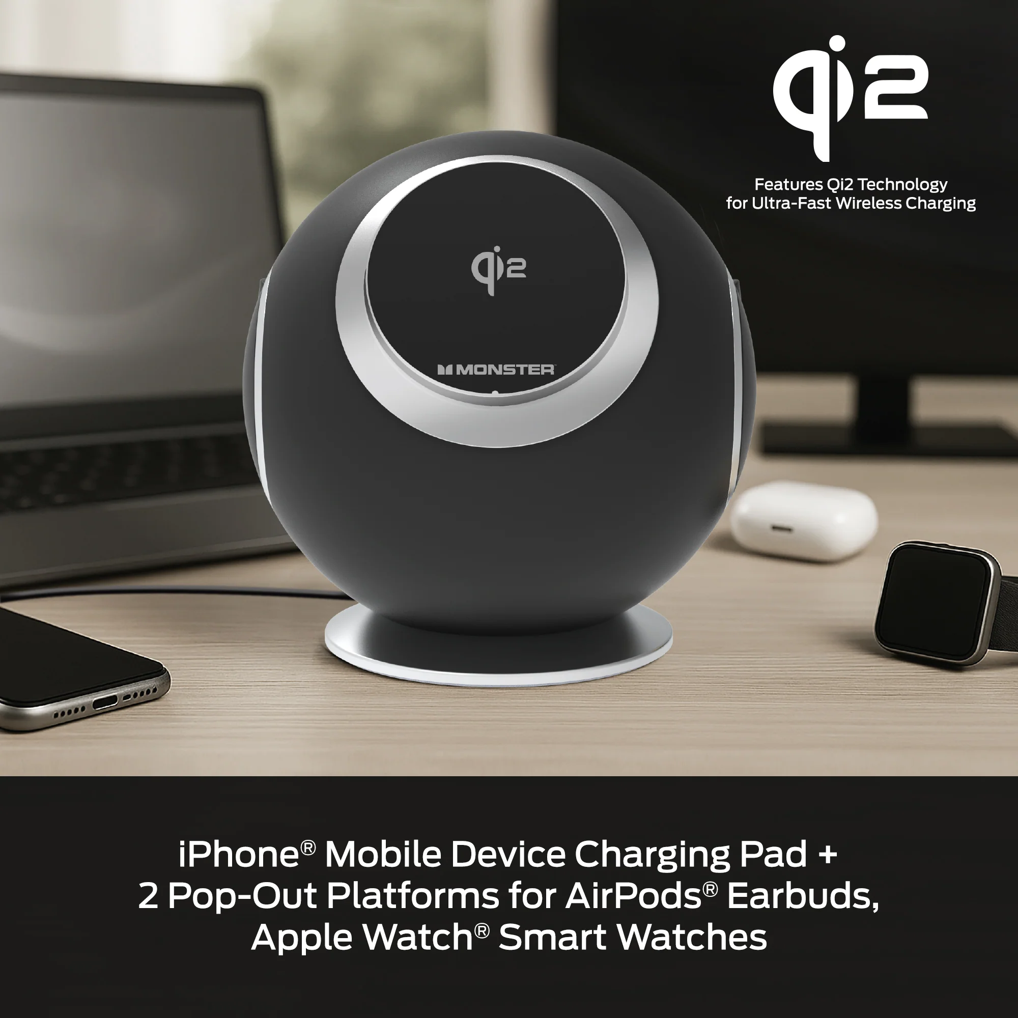 10-in-1 Wireless Charging Sphere Compatible with iPhone, Apple Watch, AirPods, 3x AC Outlets, 2x USB-C, 2x USB-A, Magnetic Base Power Station - Image 4