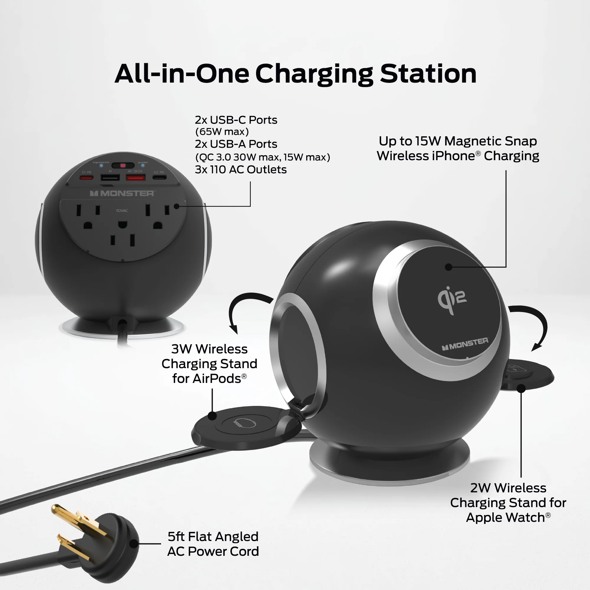 10-in-1 Wireless Charging Sphere Compatible with iPhone, Apple Watch, AirPods, 3x AC Outlets, 2x USB-C, 2x USB-A, Magnetic Base Power Station - Image 5