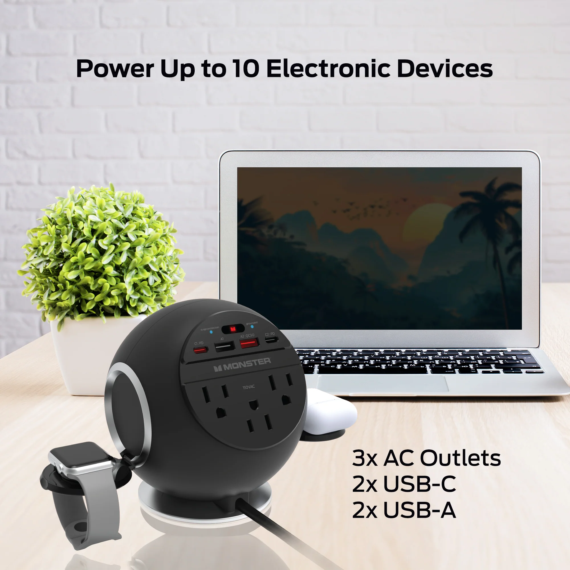 10-in-1 Wireless Charging Sphere Compatible with iPhone, Apple Watch, AirPods, 3x AC Outlets, 2x USB-C, 2x USB-A, Magnetic Base Power Station - Image 6