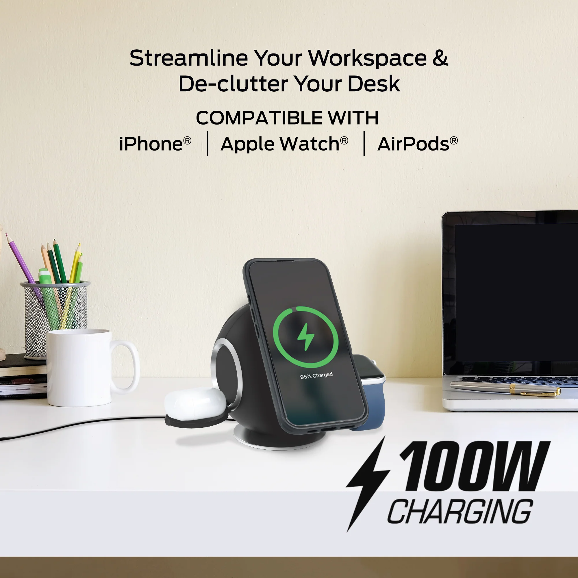 10-in-1 Wireless Charging Sphere Compatible with iPhone, Apple Watch, AirPods, 3x AC Outlets, 2x USB-C, 2x USB-A, Magnetic Base Power Station - Image 7