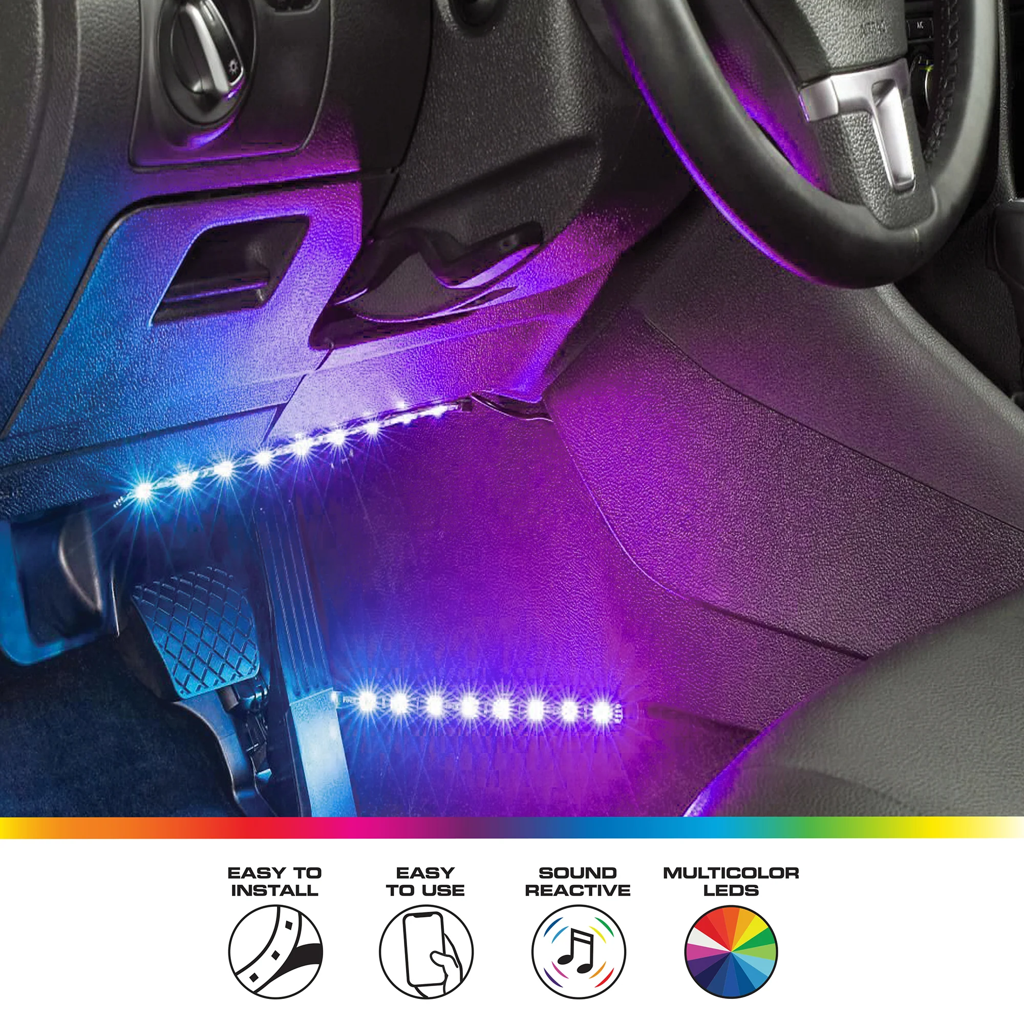 4-Pack Smart App Sound-Reactive Multi-Color LED Car Interior Lights, Bluetooth - Image 3