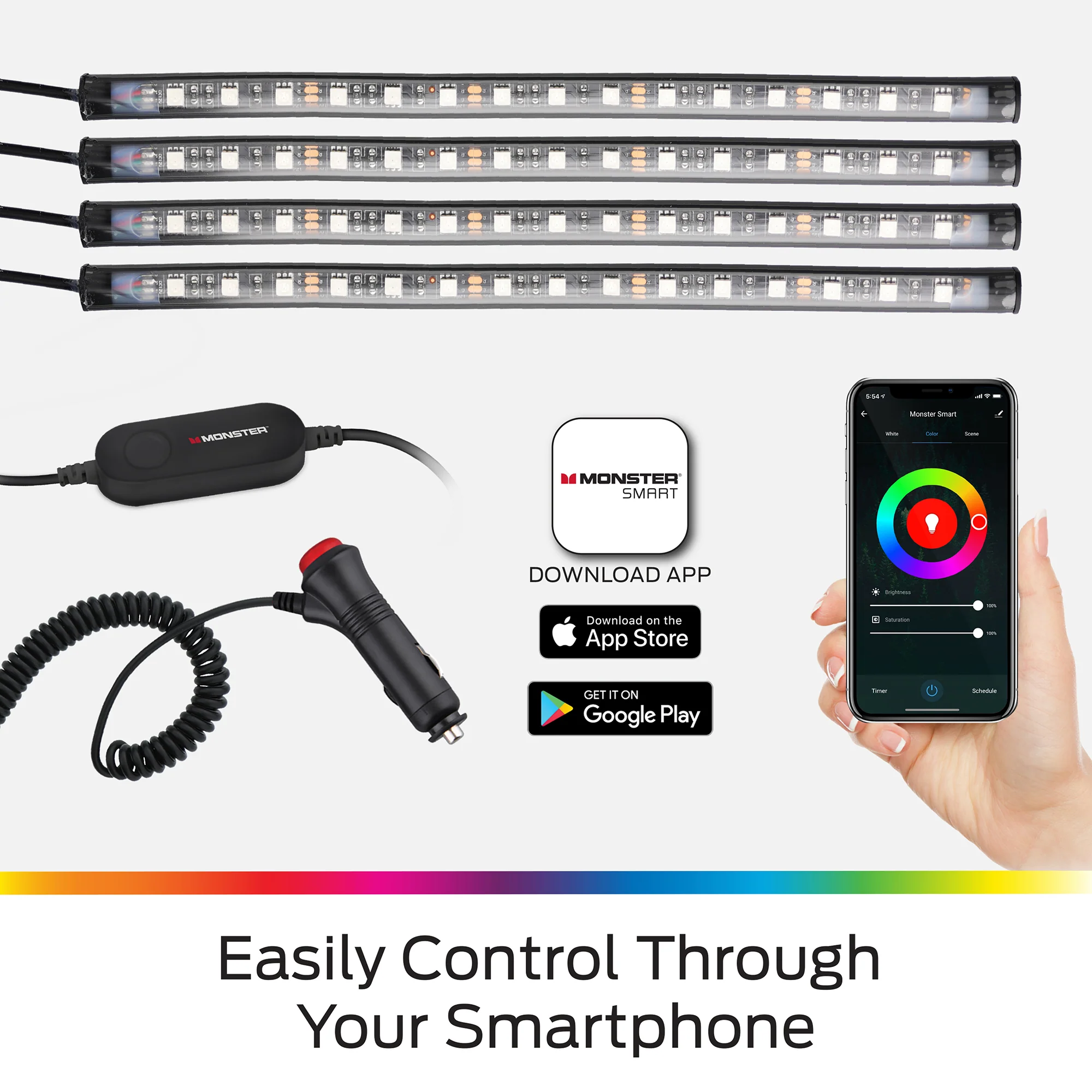 4-Pack Smart App Sound-Reactive Multi-Color LED Car Interior Lights, Bluetooth - Image 4