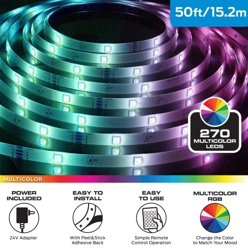 50ft RGB Remote Control Peel-and-Stick Installation LED Light Strip - Image 2