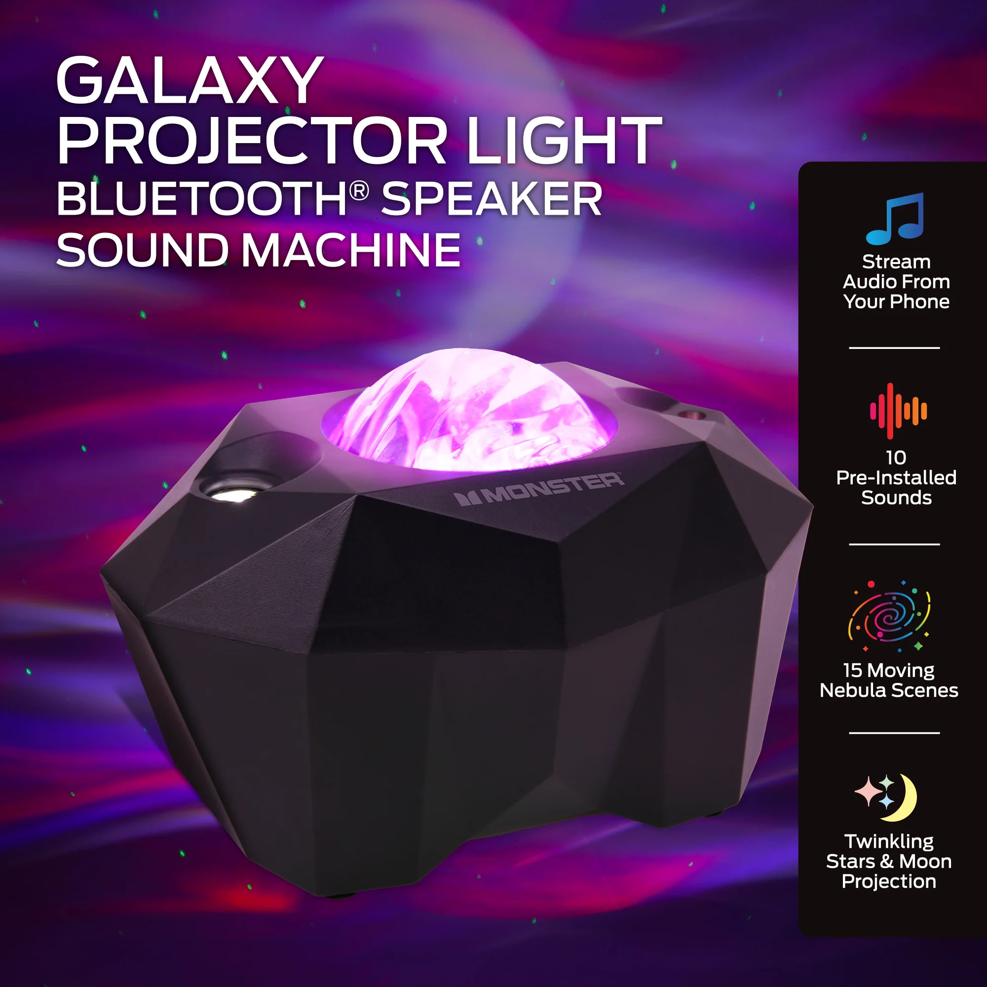 Monster Black Galaxy Light Projector & Bluetooth Sound Machine (10 Sounds) - Image 7