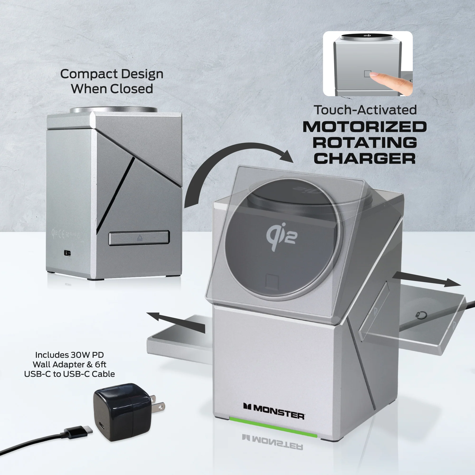 Monster 3-in-1 Motorized Wireless Charger for iPhone, Apple Watch & AirPods - Magnetic, Rotating, Fast Charging Station - Image 6