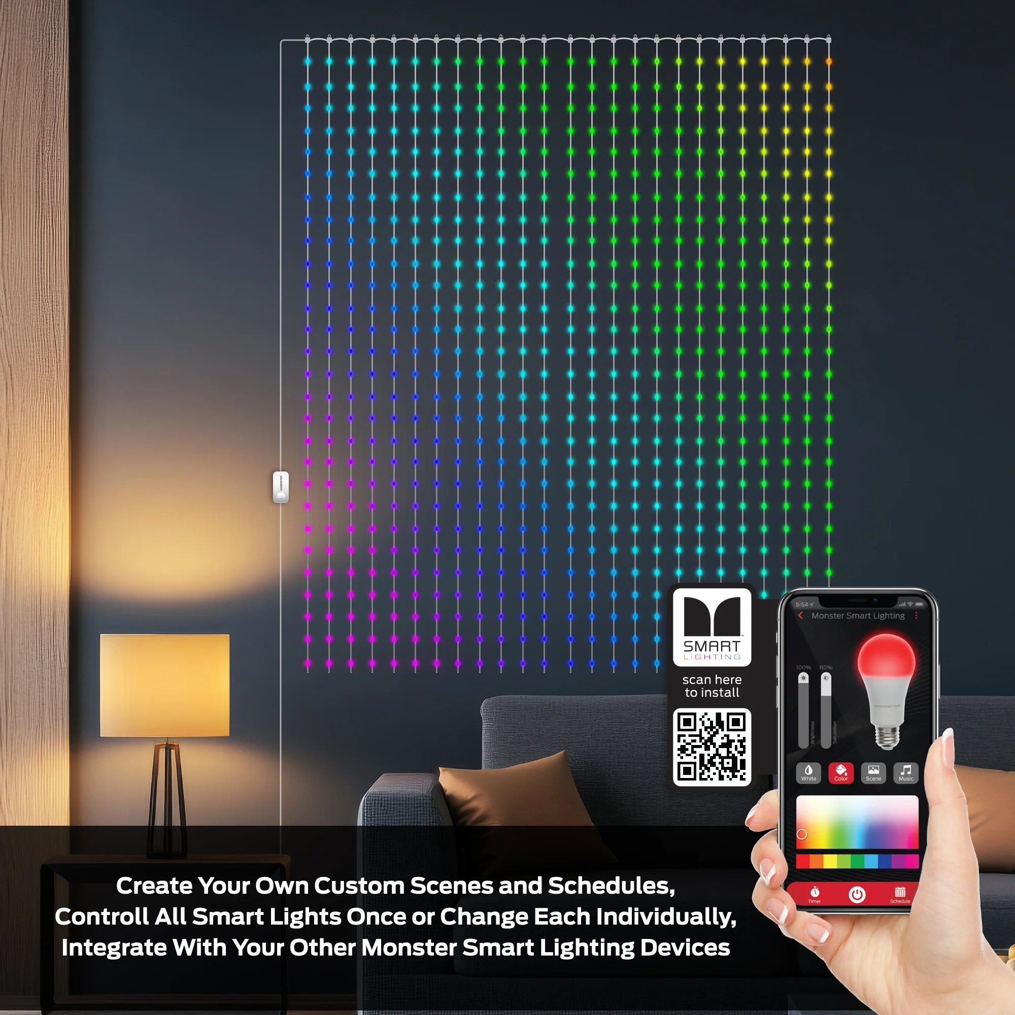 Monster Smart Outdoor Curtain Light Display 4.9ft x 6.5ft Multiwhite Multicolor - Image 7